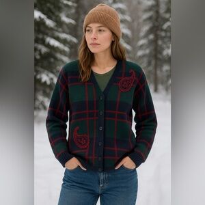 Pendelton Wool Cardigan Embroidered Plaid Green Red Navy Classic Winter Cozy L